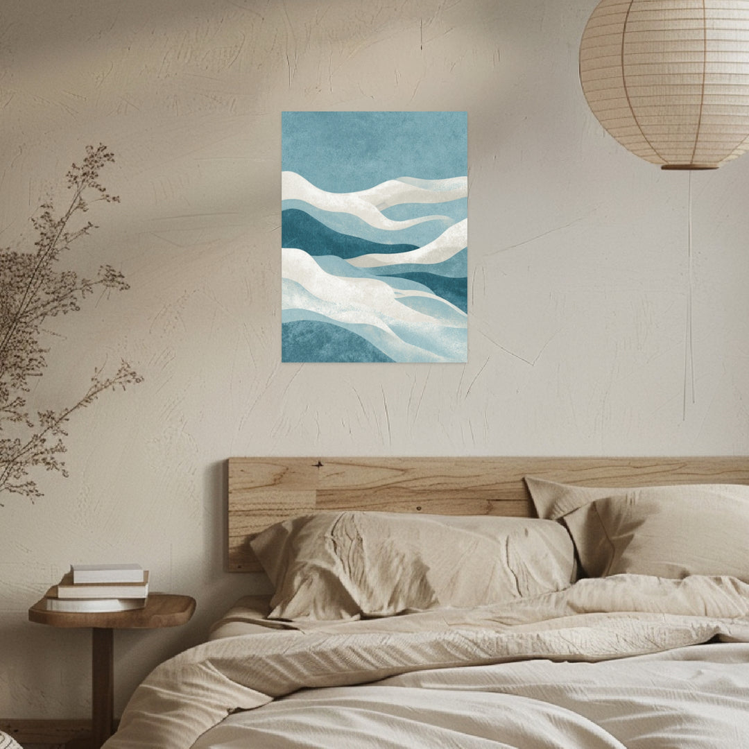 Abstrakte blaue Wellen Leinwandbild Japandi – Leinwand auf Holzrahmen – Ansicht 3