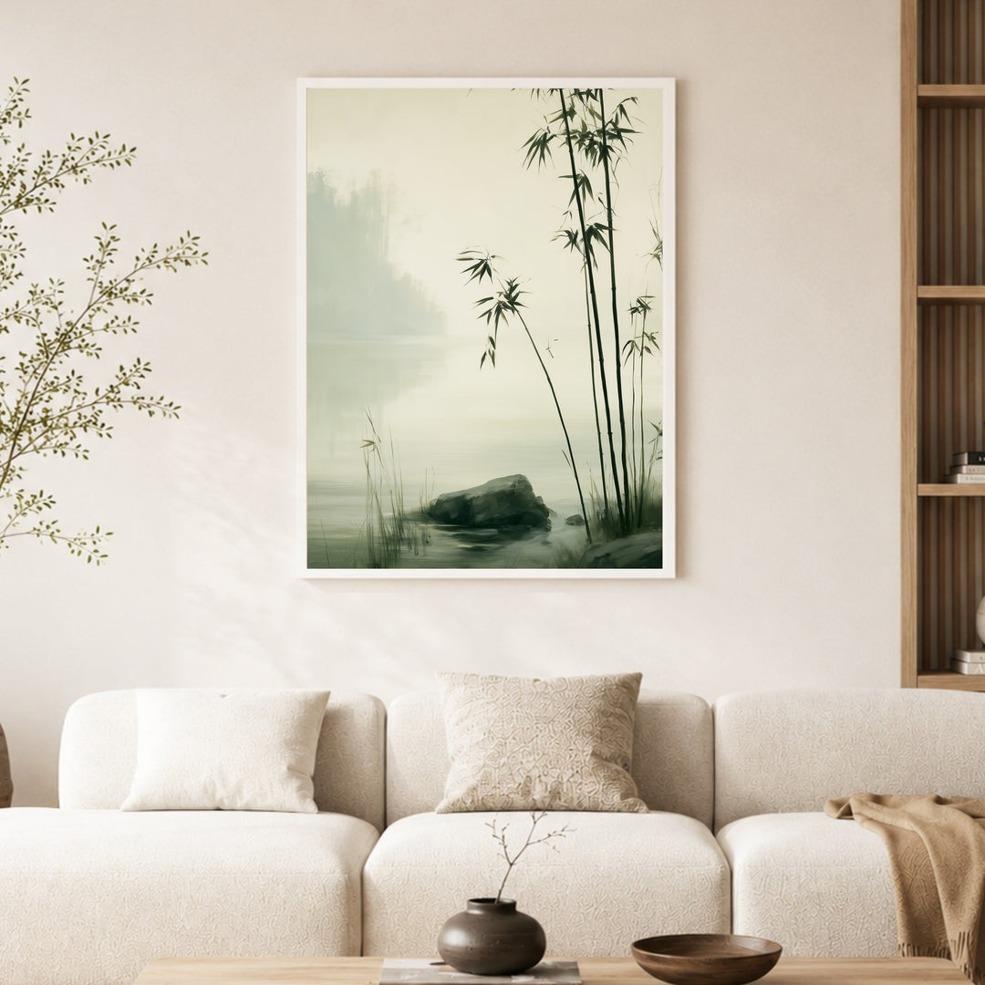 Bambus im Morgennebel Poster – Weißer Rahmen – Produktfoto
