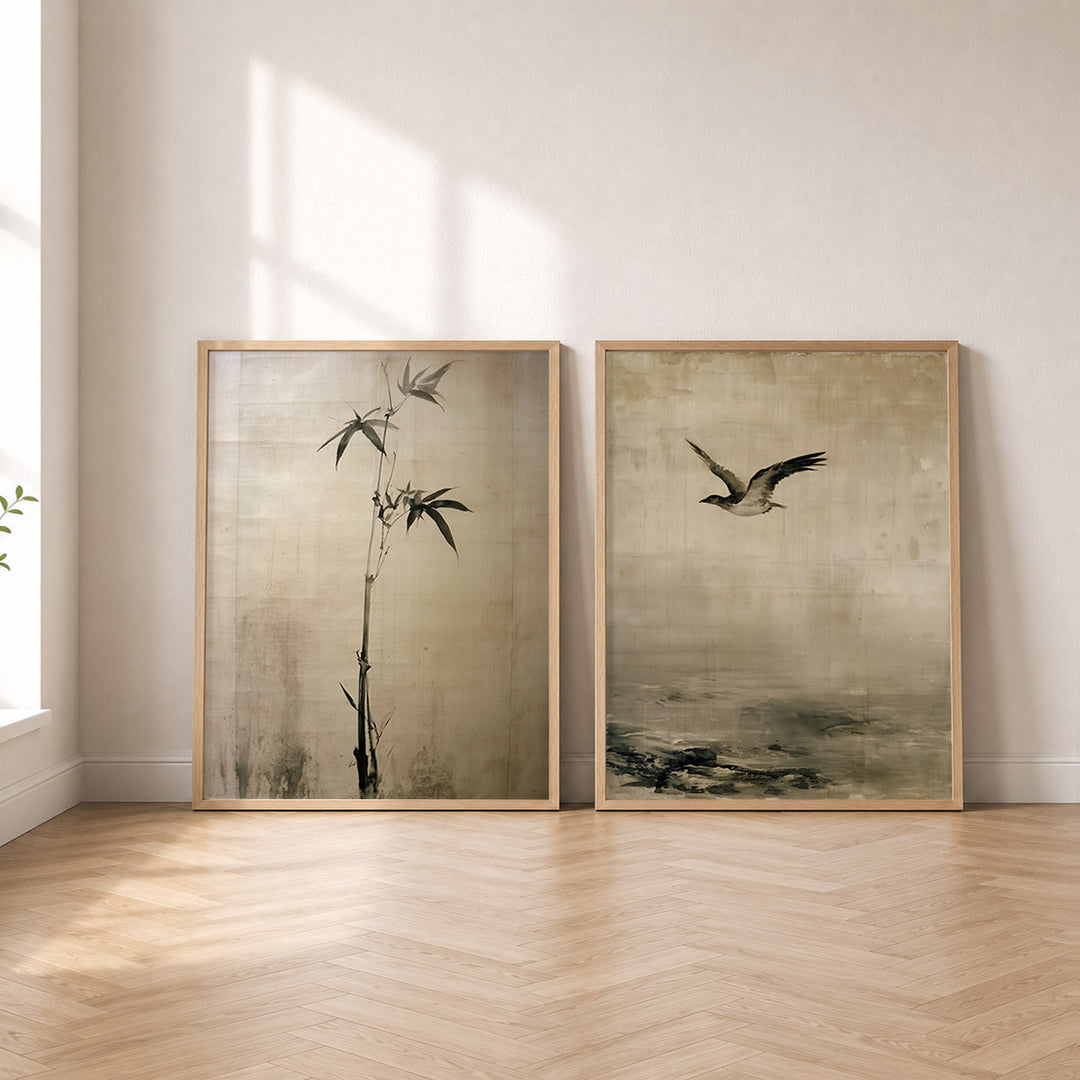 Set-Ansicht: Japandi Poster Set – Bambus & Möwe (2er)