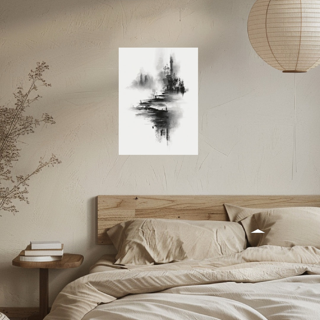 Bergdorf im Nebel Leinwandbild Japandi – Leinwand auf Holzrahmen – Ansicht 4