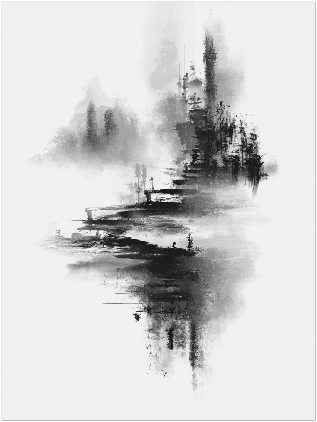 Bergdorf im Nebel Japandi – Wandkunst