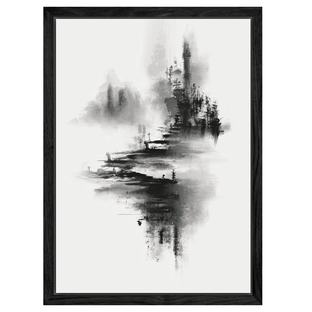 Bergdorf im Nebel Leinwandbild Japandi – Leinwand auf Holzrahmen – Ansicht 3