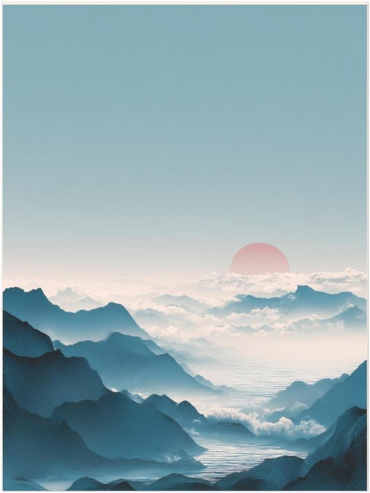 Berge mit Roter Sonne Poster