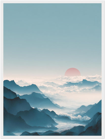 Berge mit Roter Sonne Poster