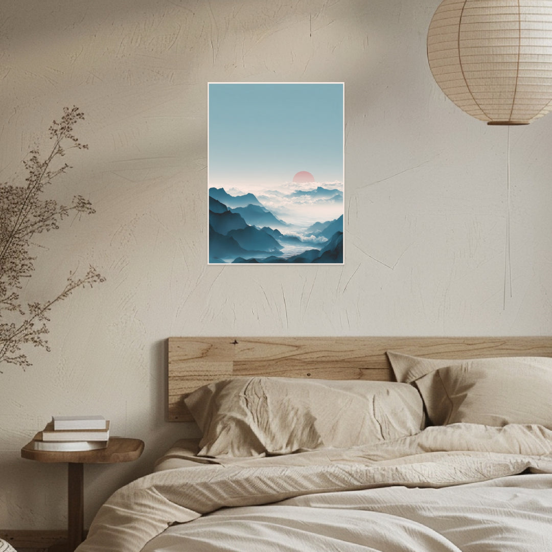 Berge mit roter Sonne Leinwandbild Japandi – Leinwand auf Holzrahmen – Ansicht 3