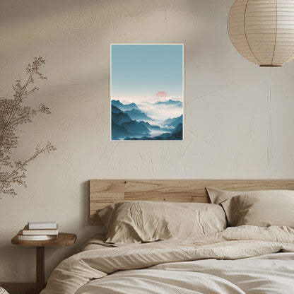 Berge mit Roter Sonne Poster