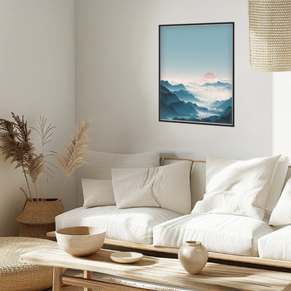 Berge mit Roter Sonne Poster