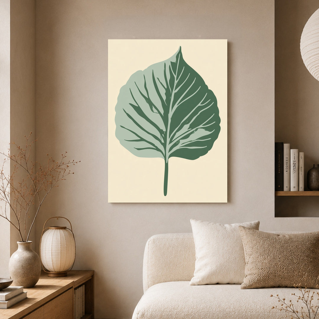 Botanisches Blatt im Zwielicht Leinwandbild – Zimmerszene