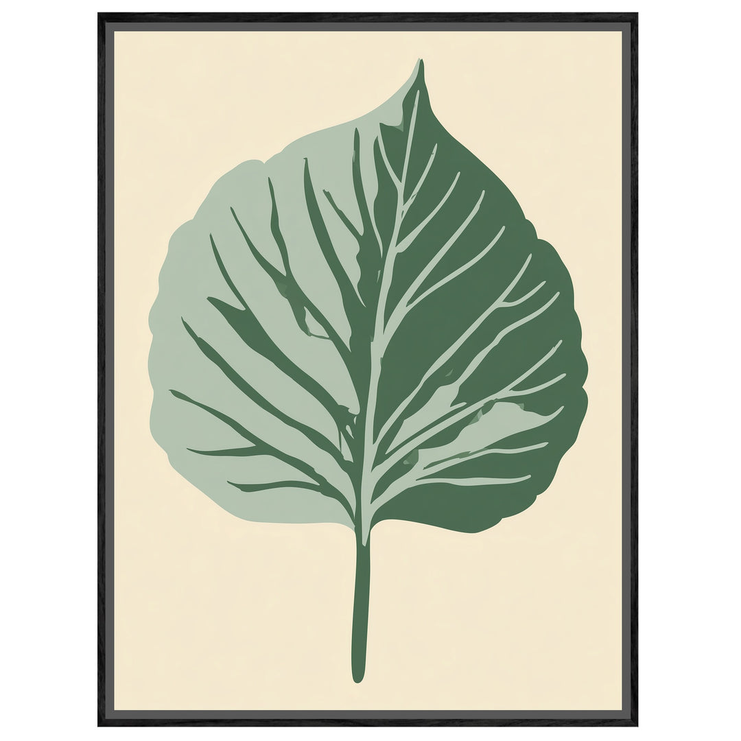 Botanisches Blatt im Zwielicht Leinwandbild – Schwarzer Rahmen – Wohnzimmer Mockup