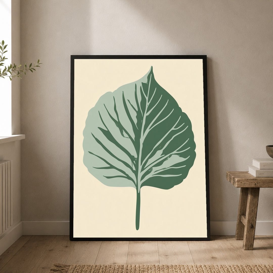 Botanisches Blatt im Zwielicht Poster – Schwarzer Rahmen – Wohnzimmer Mockup