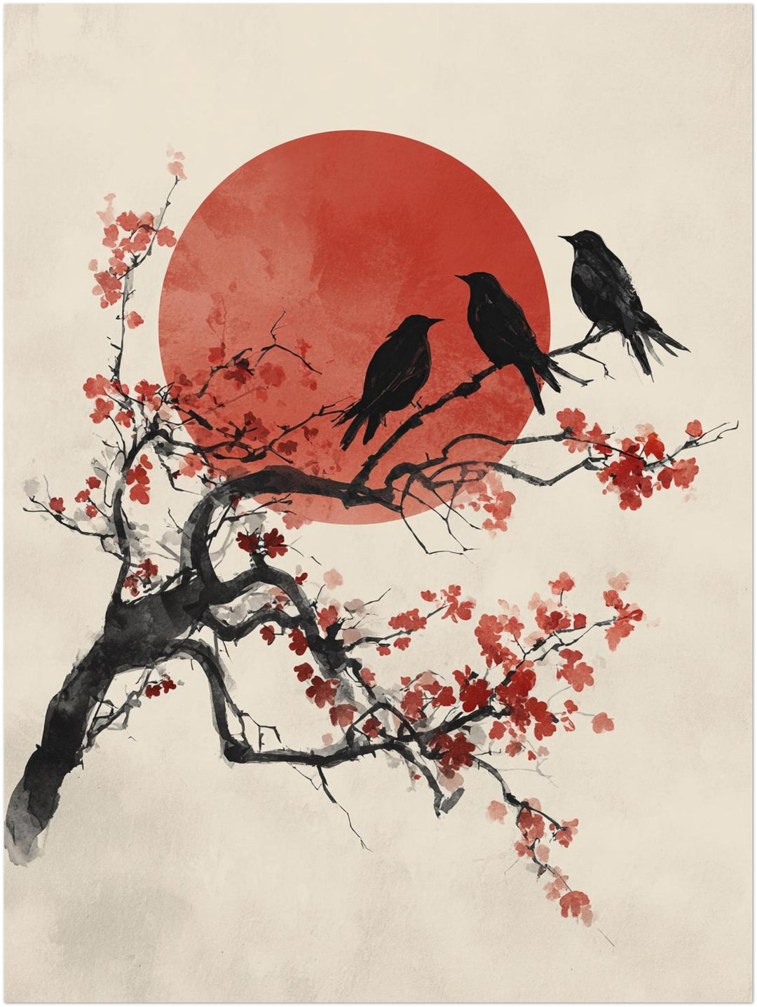 Drei Vögel auf Kirschblütenzweig Japandi – Wandkunst