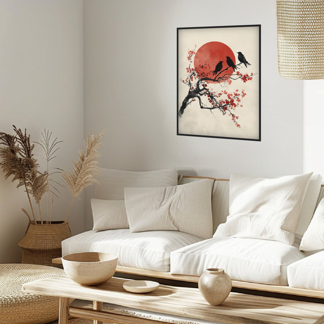 Drei Vögel auf Kirschblütenzweig Poster Japandi – mattes Kunstdruck-Papier – Ansicht 4
