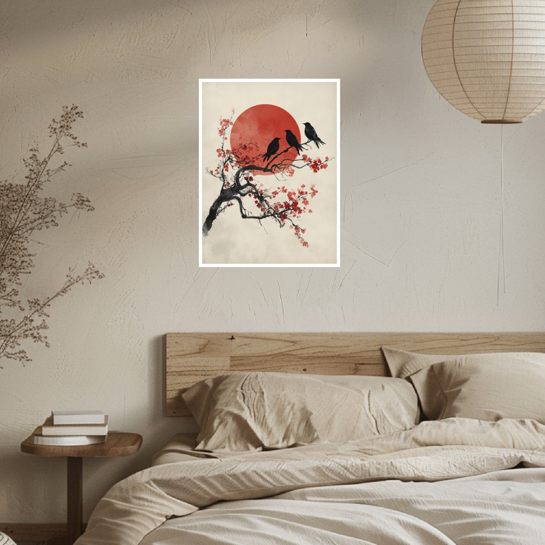 Drei Vögel auf Kirschblütenzweig Poster Japandi – mattes Kunstdruck-Papier – Ansicht 3