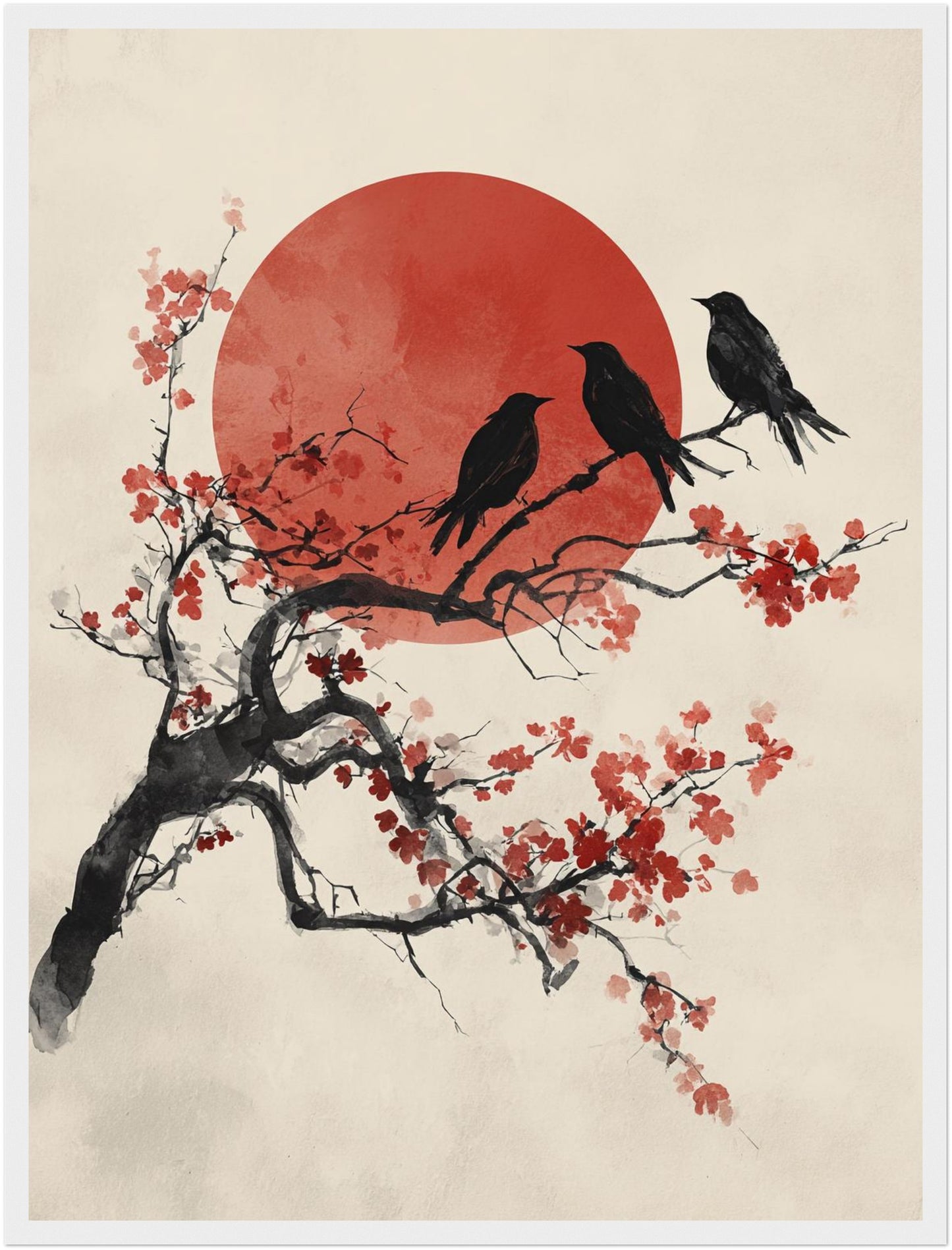 Drei Vögel auf Kirschblütenzweig Poster