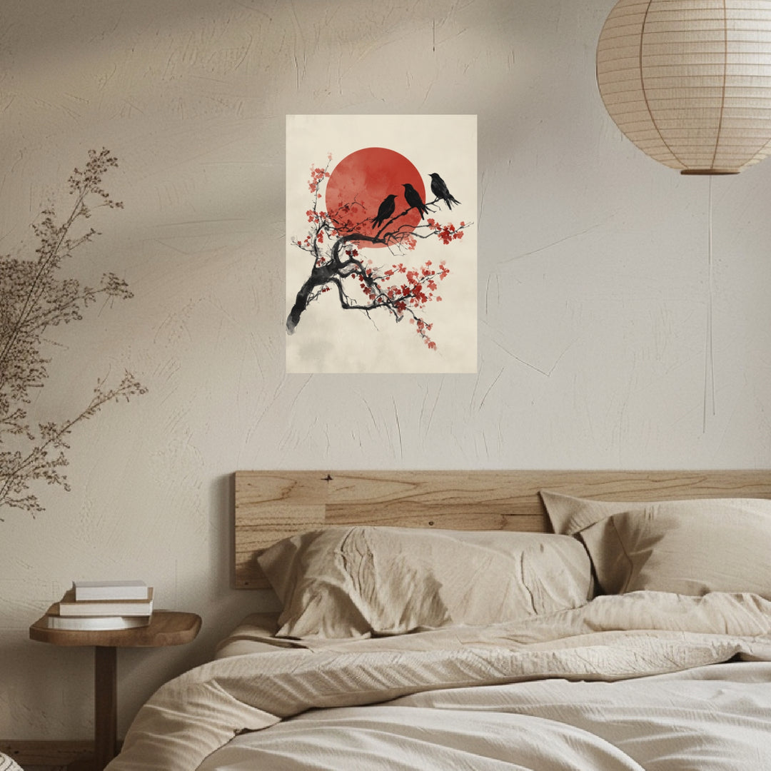 Drei Vögel auf Kirschblütenzweig Poster Japandi – mattes Kunstdruck-Papier – Ansicht 2