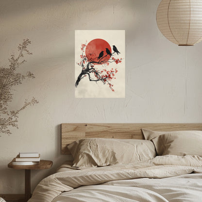 Drei Vögel auf Kirschblütenzweig Poster