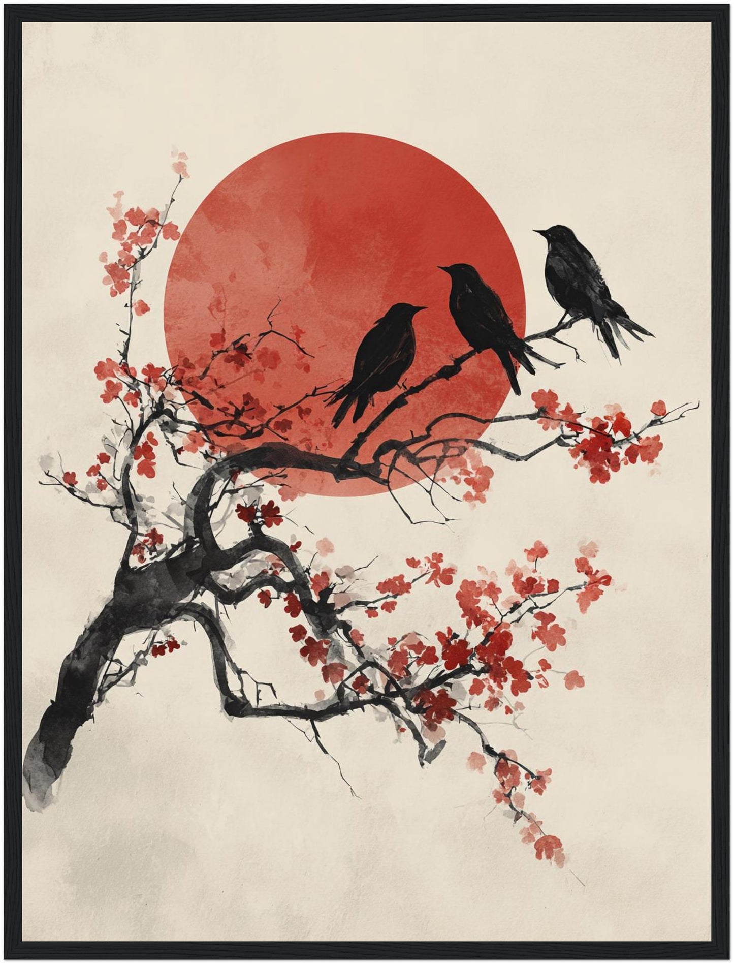 Drei Vögel auf Kirschblütenzweig Poster