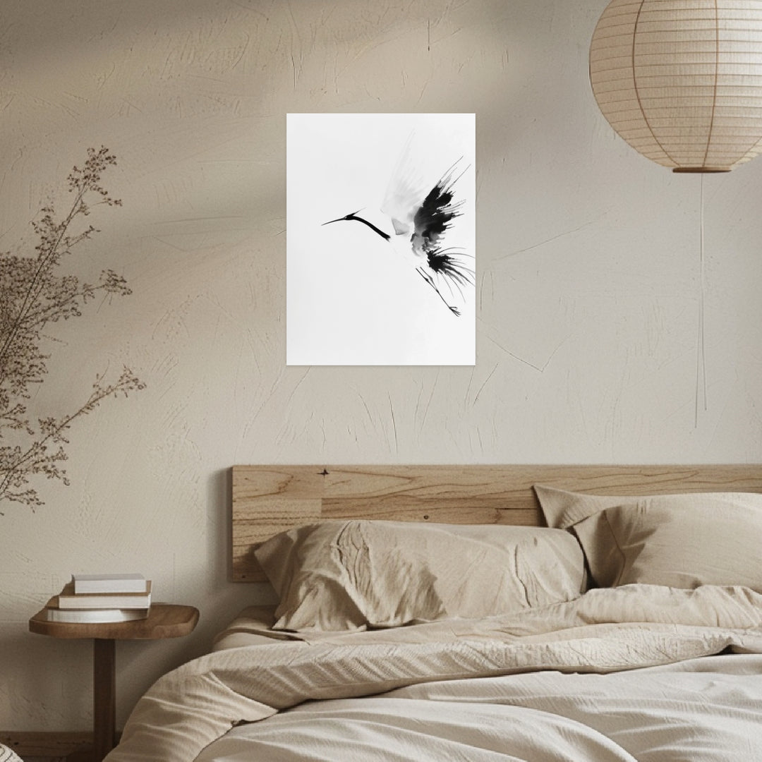 Eleganter Kranichflug Leinwand Japandi – Leinwand auf Holzrahmen – Ansicht 3