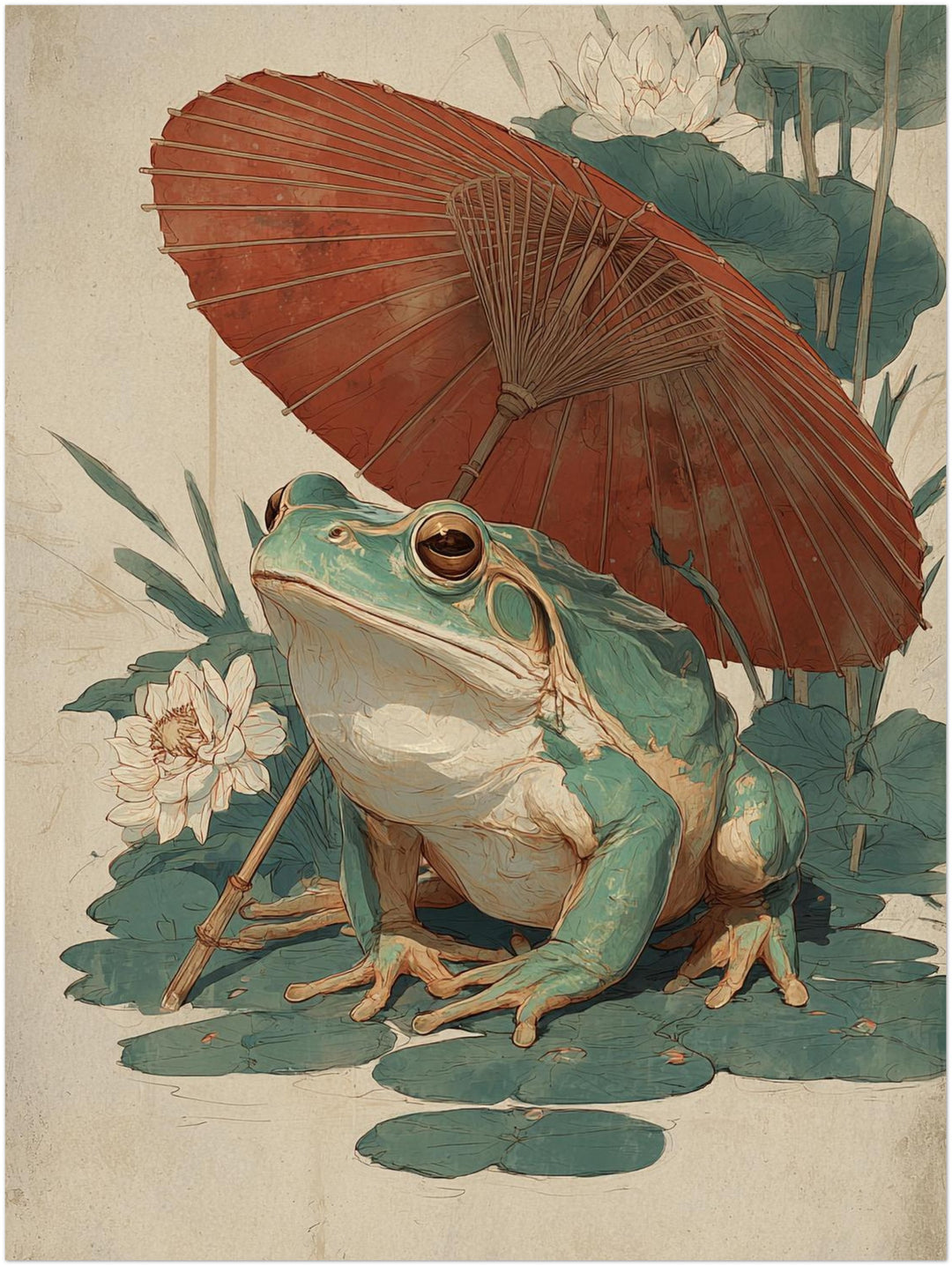 Frosch mit rotem Schirm Leinwandbild Japandi – Leinwand auf Holzrahmen – Ansicht 2