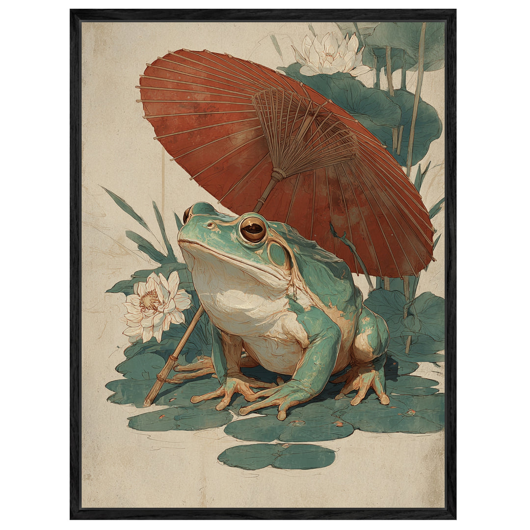 Frosch mit rotem Schirm Leinwandbild Japandi – Leinwand auf Holzrahmen – Ansicht 3