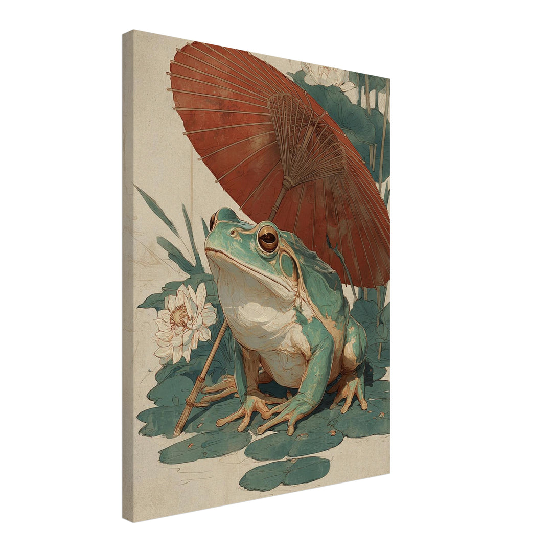 Frosch mit rotem Schirm Leinwandbild Japandi – Leinwand auf Holzrahmen – Ansicht 4