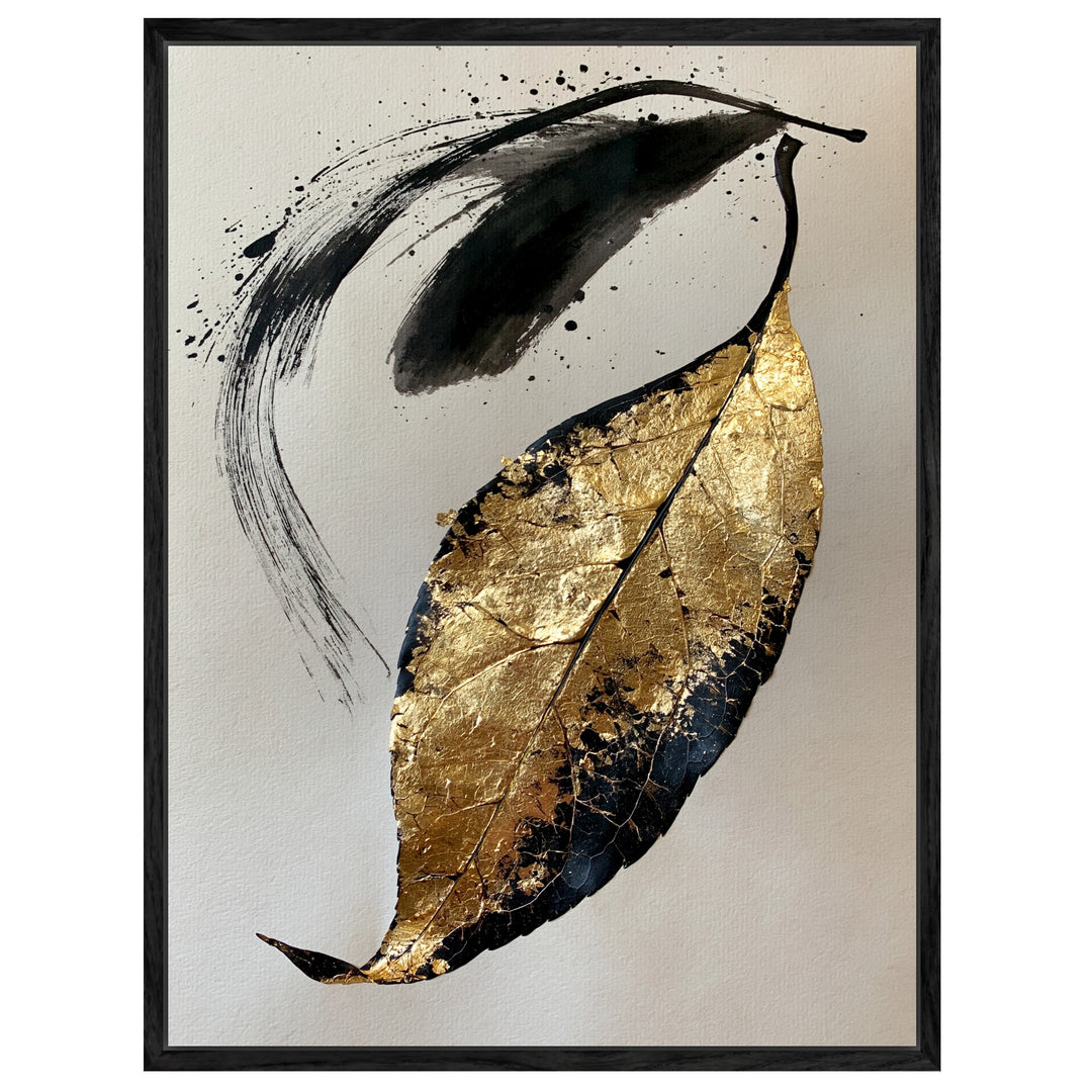 Goldenes Blatt im Tusche Leinwandbild – Leinwandbild