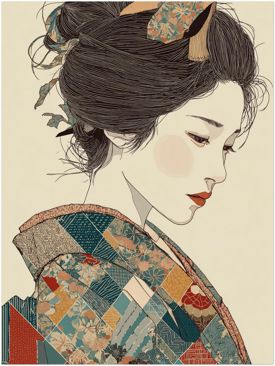 Japanische Frau im Kimono Japandi – Wandkunst