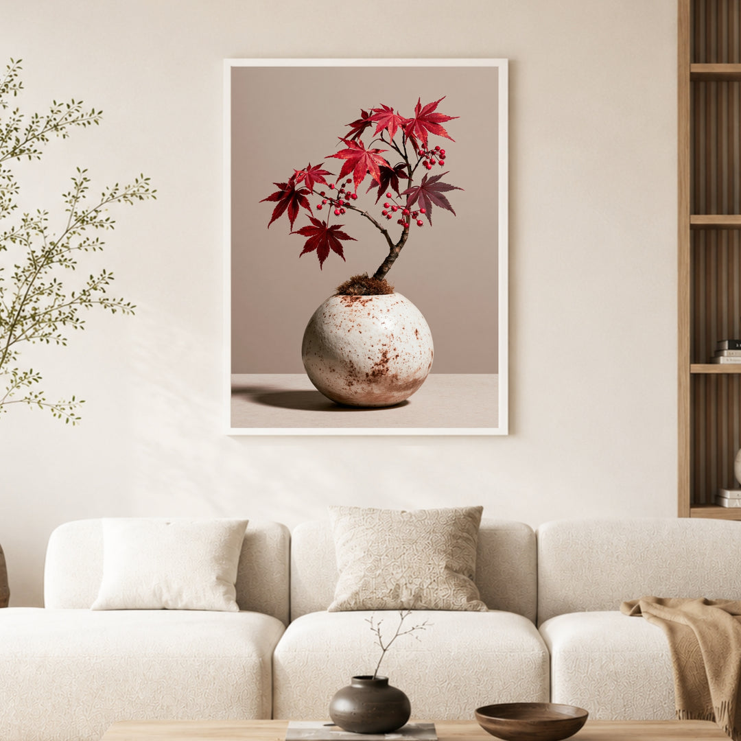 Roter Ahorn im Kugelgefäß Poster – Weißer Rahmen – Produktfoto