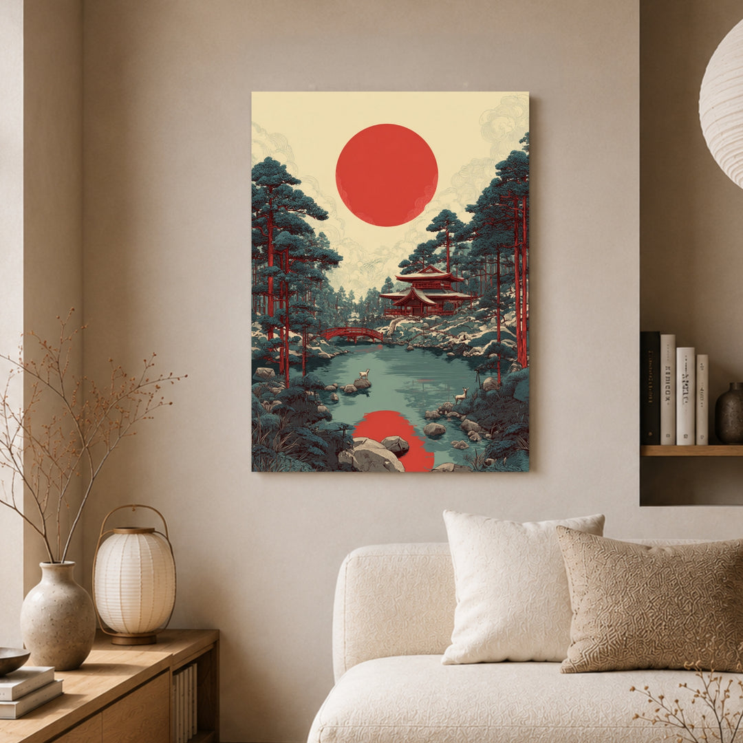 Roter Mond über Tempelteich Leinwandbild – Ohne Rahmen – Produktfoto