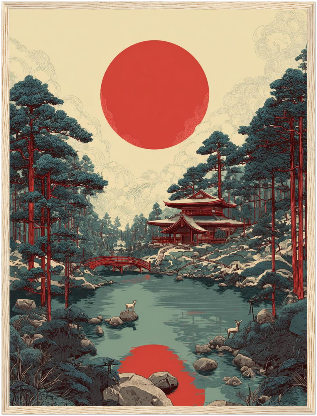 Roter Mond über Tempelteich Poster – Holz natur Rahmen – Produktfoto