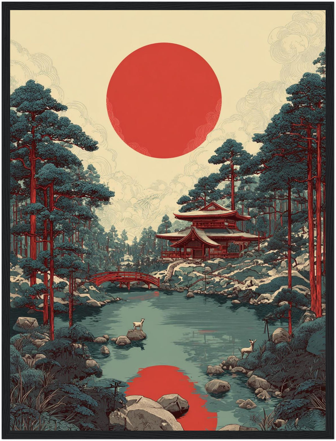 Roter Mond über Tempelteich Poster – Schwarzer Rahmen – Produktfoto