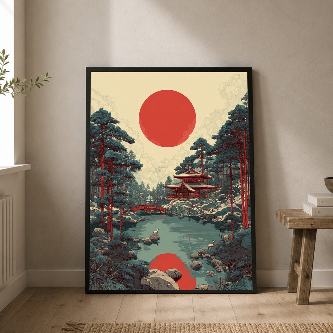 Roter Mond über Tempelteich Poster – Schwarzer Rahmen – Produktfoto