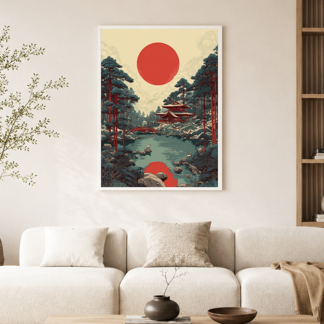 Roter Mond über Tempelteich Poster – Weißer Rahmen – Produktfoto