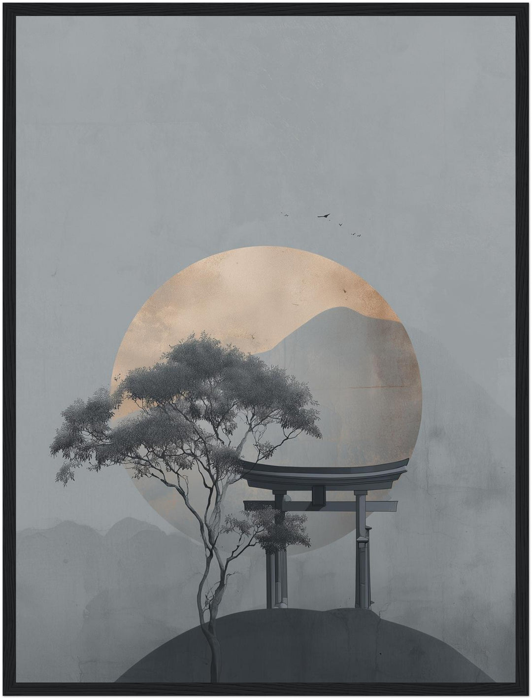 Torii im Morgennebel Poster – Schwarzer Rahmen – Produktfoto