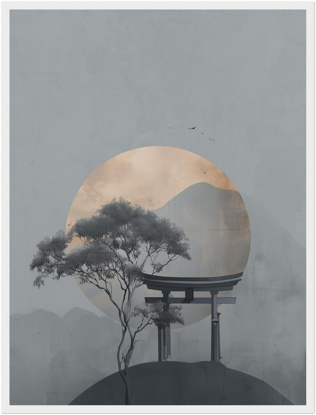 Torii im Morgennebel Poster – Weißer Rahmen – Produktfoto