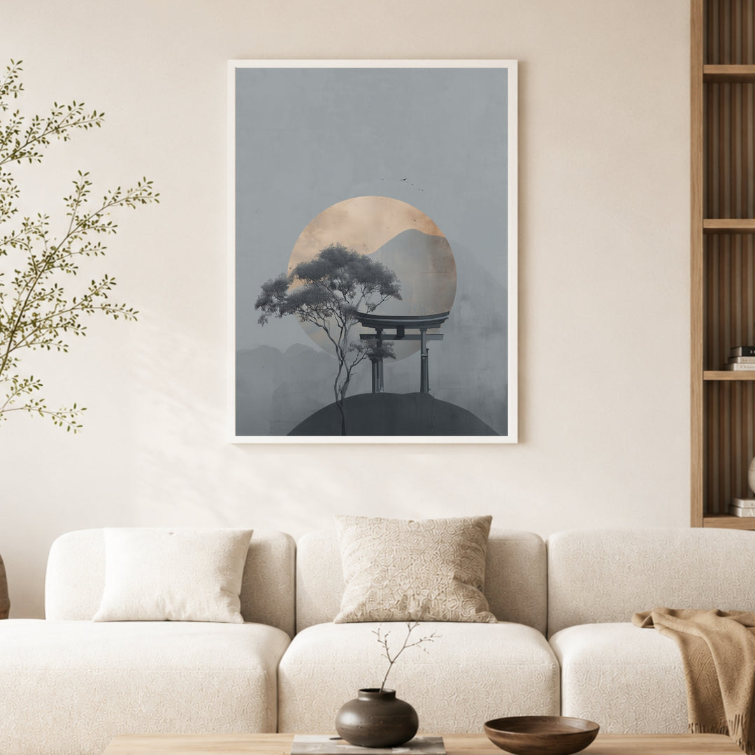 Torii im Morgennebel Poster – Weißer Rahmen – Produktfoto