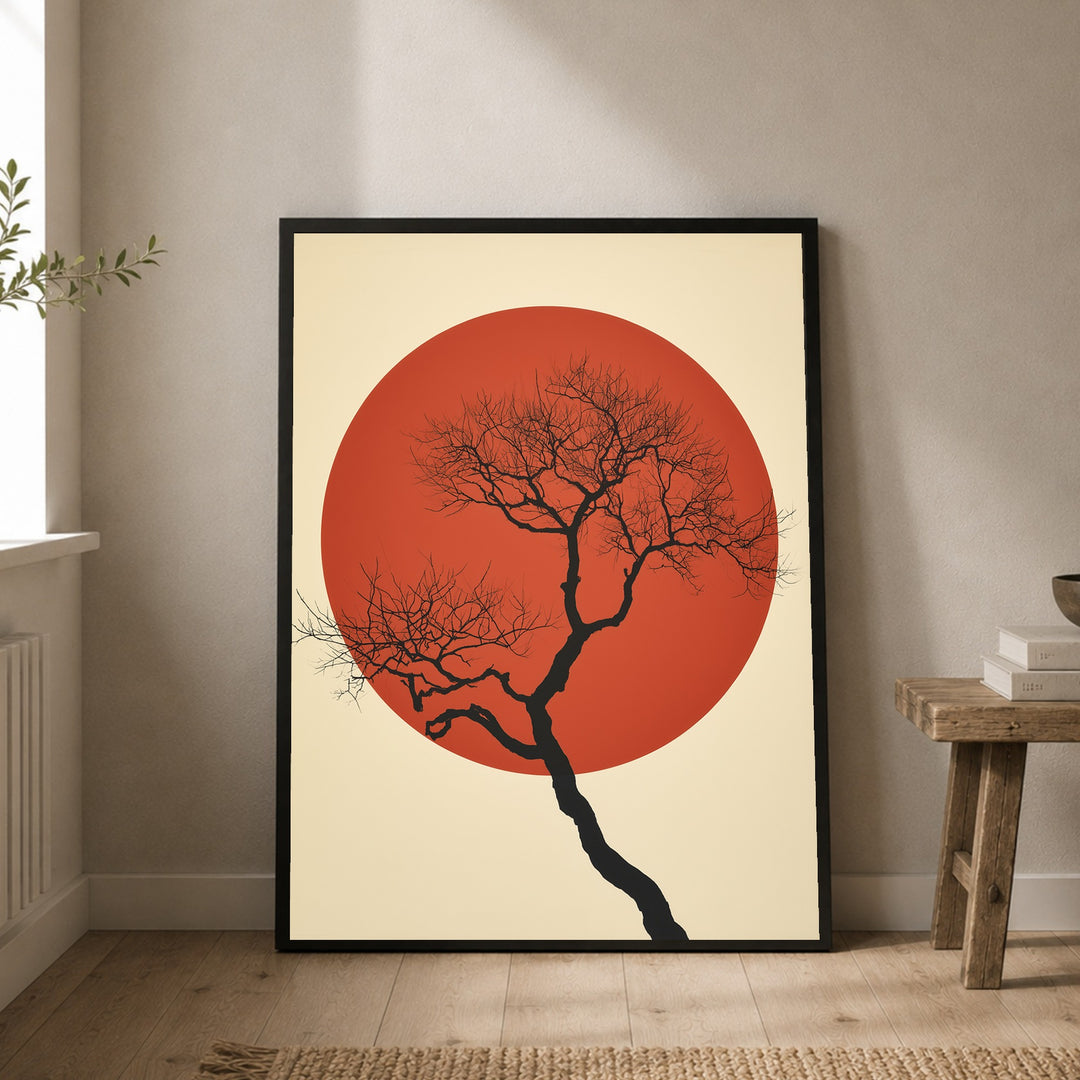 Roter Mond kahler Baum Poster – Schwarzer Rahmen – Produktfoto