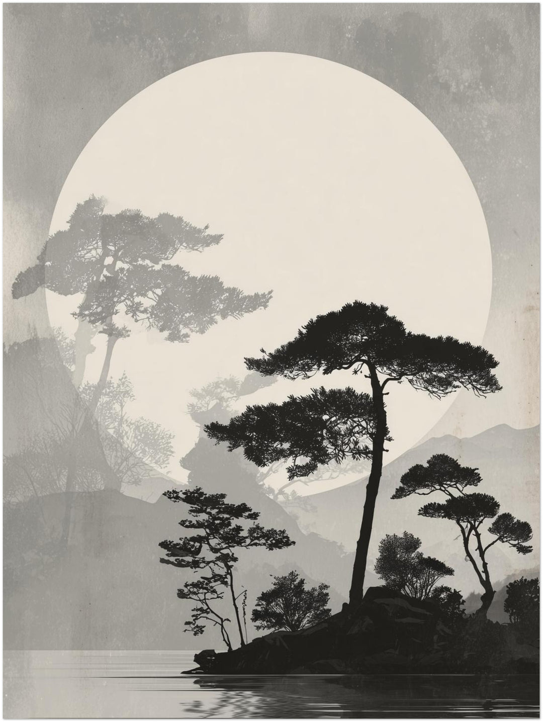 Kiefern vor Vollmond Japandi – Wandkunst