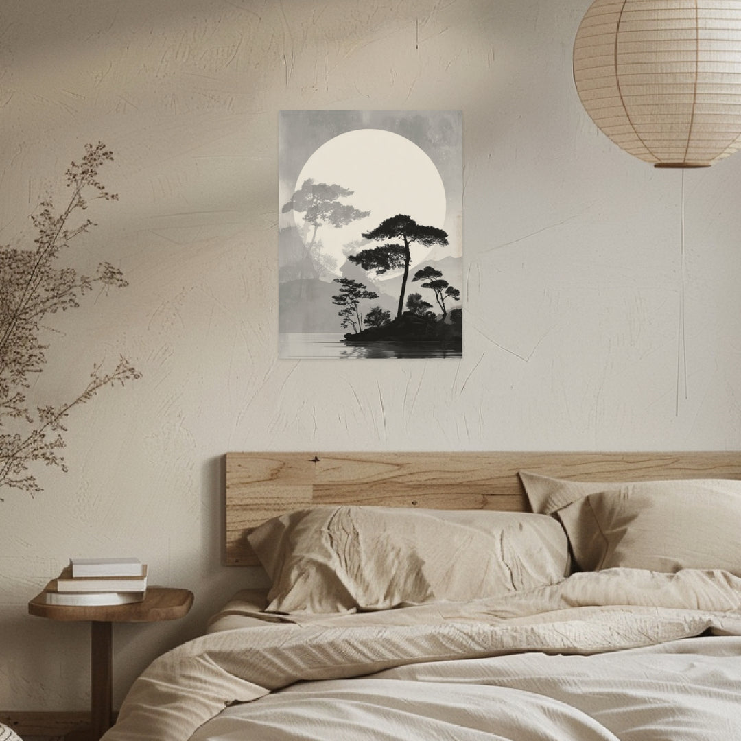 Kiefern vor Vollmond Leinwandbild Japandi – Leinwand auf Holzrahmen – Ansicht 3