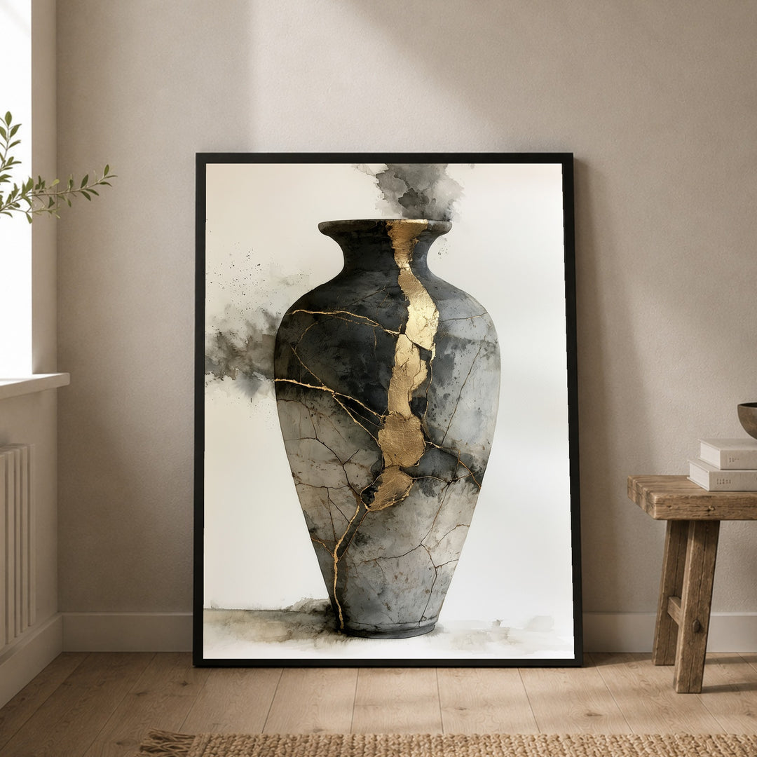 Goldene Risse im Dunkel Poster – Schwarzer Rahmen – Produktfoto