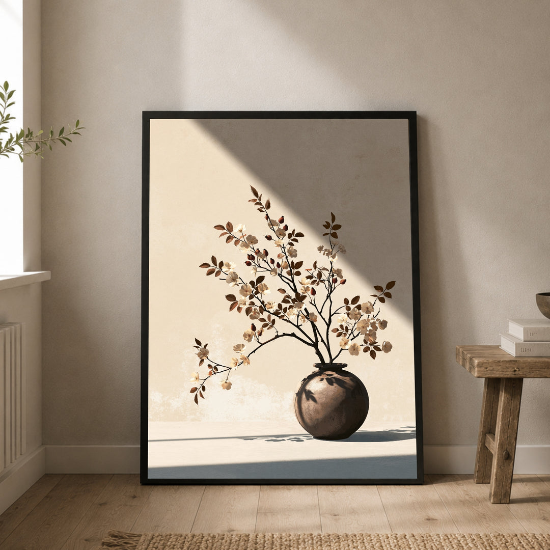 Blütenzweige im Morgenlicht Poster – Schwarzer Rahmen – Produktfoto