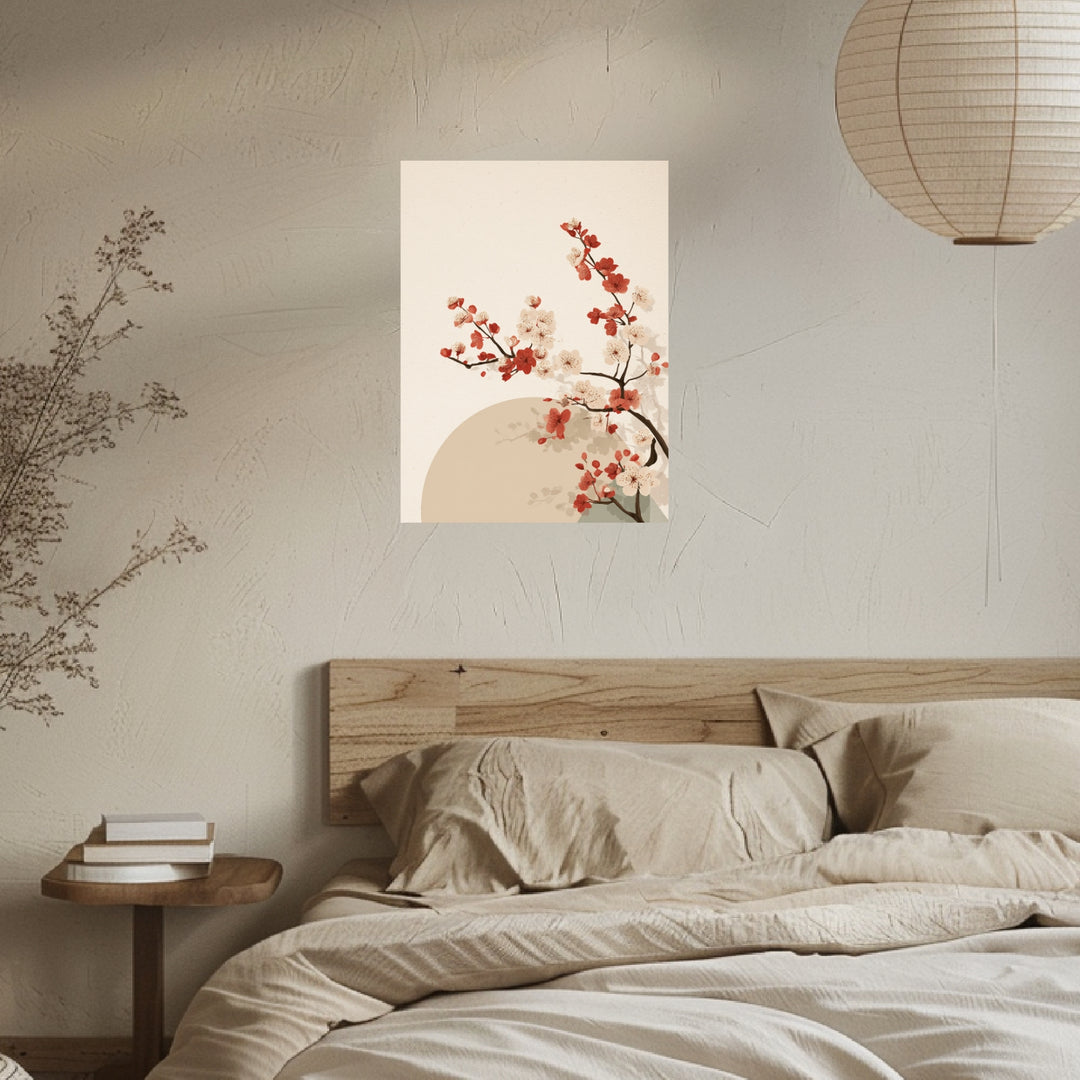 Kirschblütenzweig mit Sonne Leinwandbild Japandi – Leinwand auf Holzrahmen – Ansicht 3