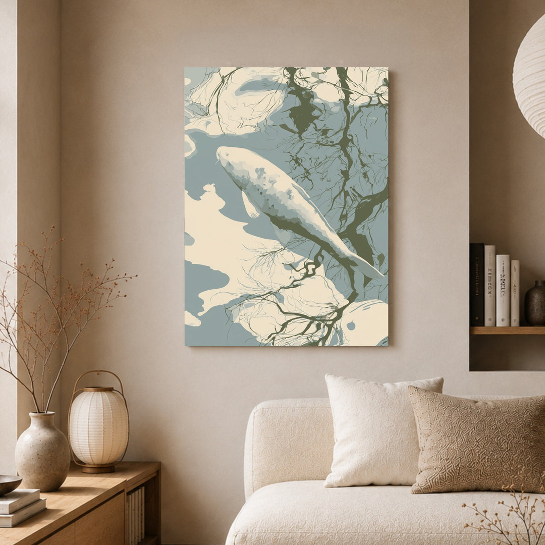 Weißer Koi im Spiegelbad Poster – Ohne Rahmen – Produktfoto