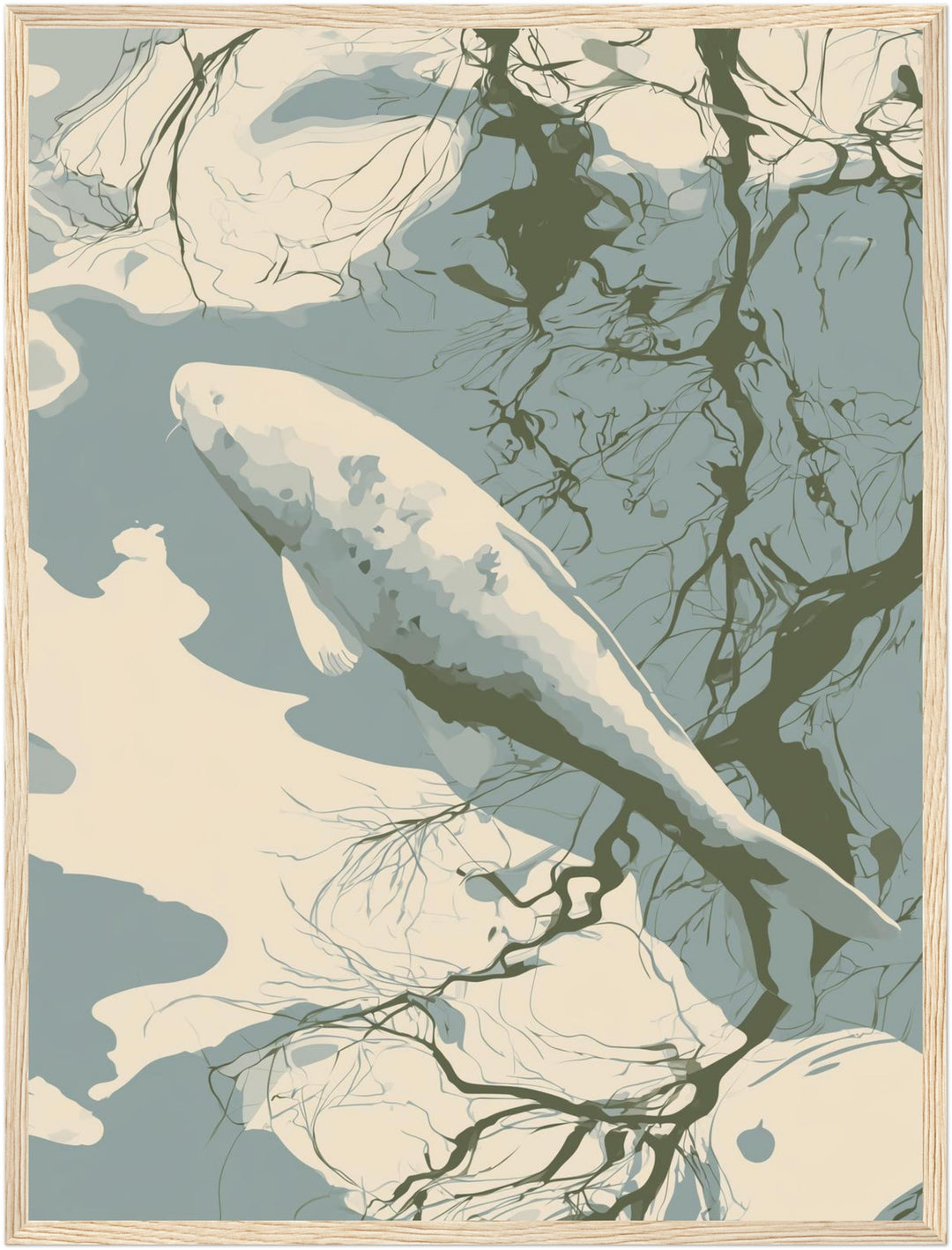 Weißer Koi im Spiegelbad Poster – Holz natur Rahmen – Produktfoto