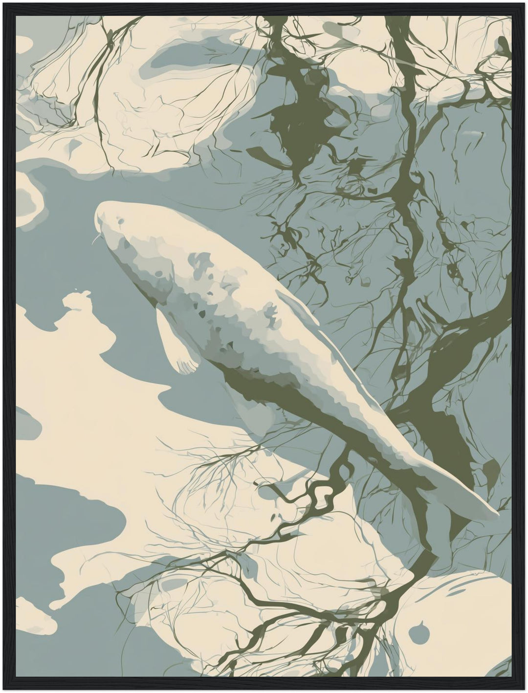Weißer Koi im Spiegelbad Poster – Schwarzer Rahmen – Produktfoto