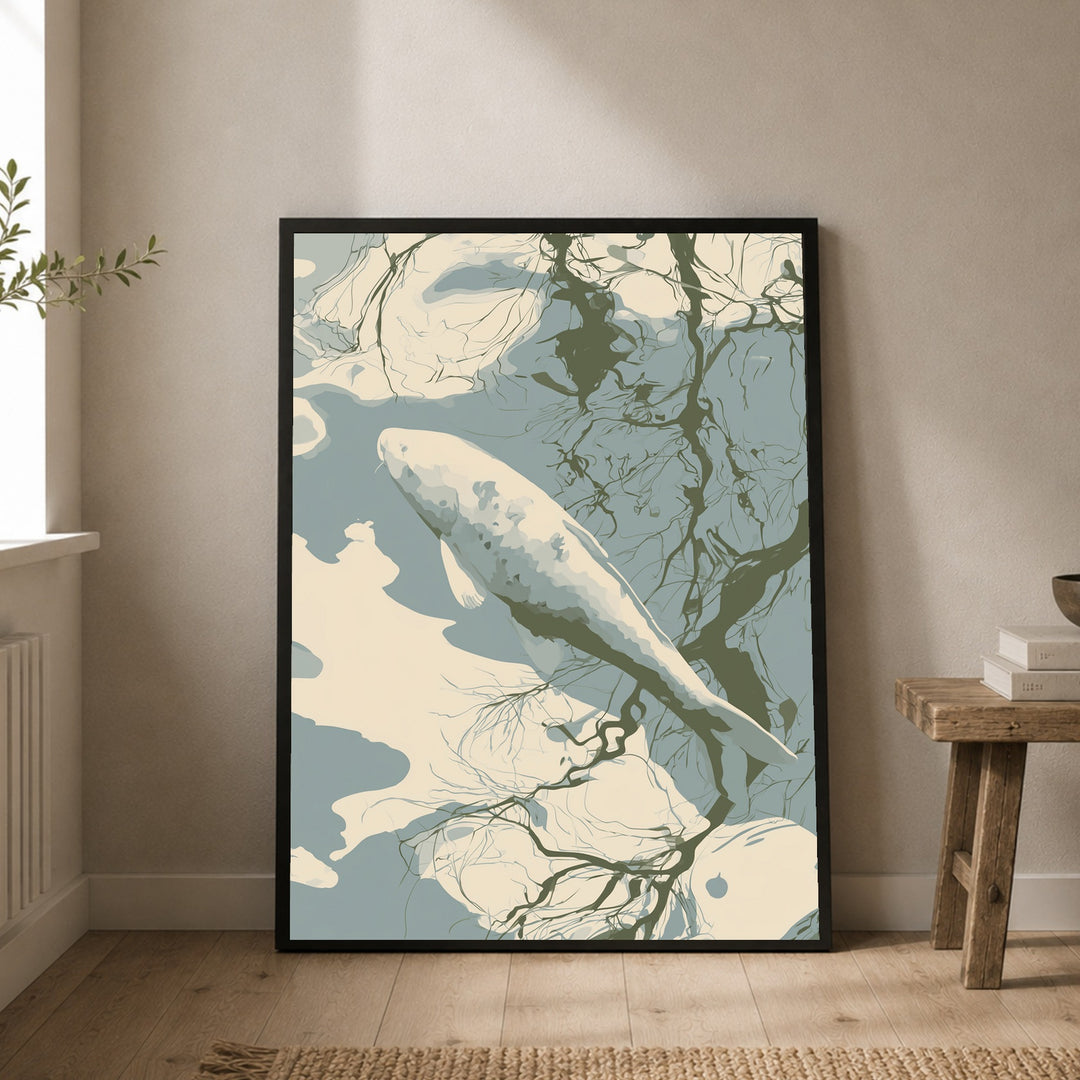 Weißer Koi im Spiegelbad Poster – Schwarzer Rahmen – Produktfoto