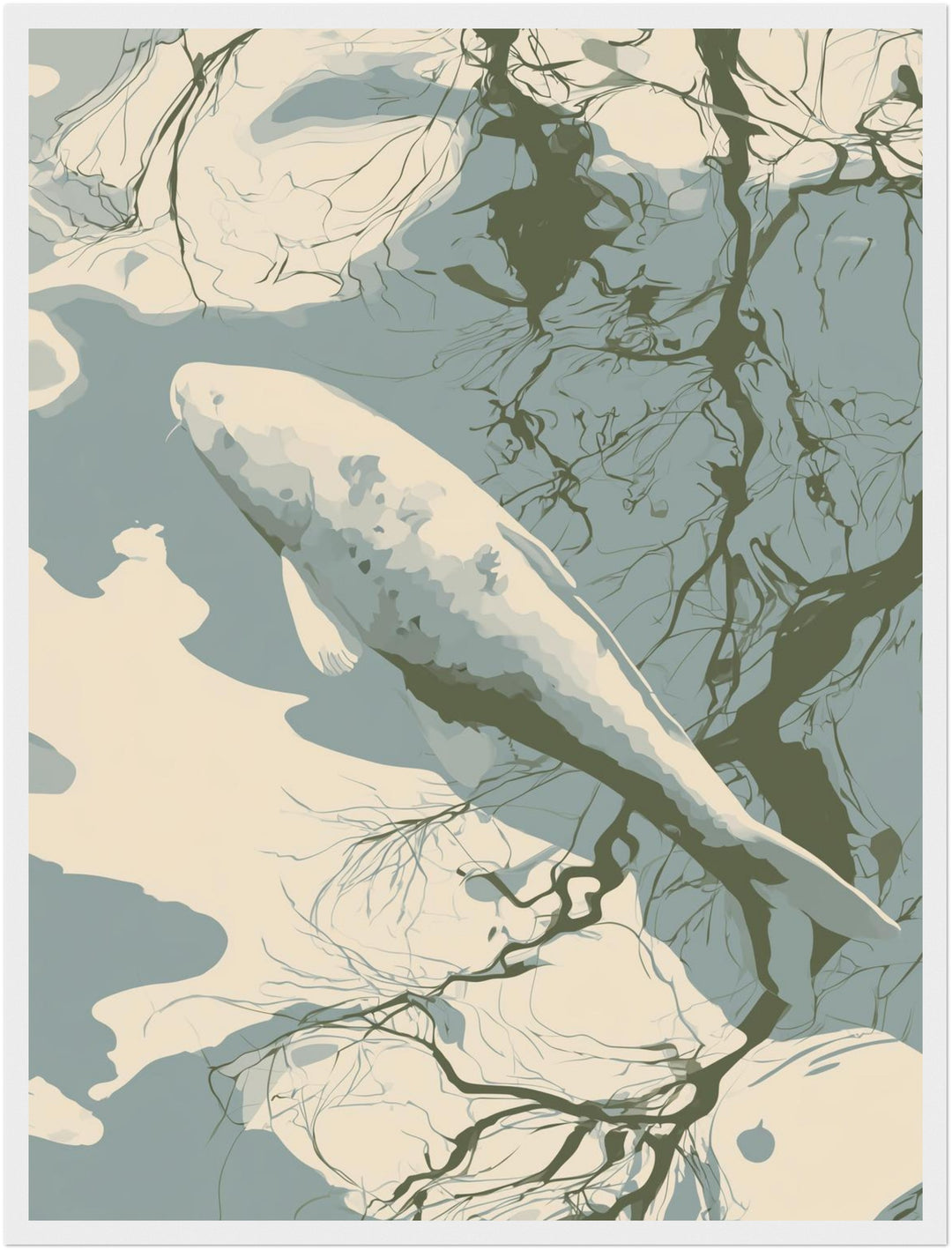 Weißer Koi im Spiegelbad Poster – Weißer Rahmen – Produktfoto