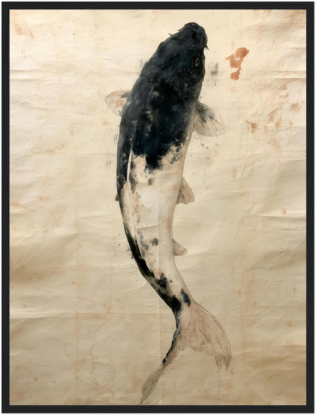Schwarzer Koi im Fluss Poster – Schwarzer Rahmen – Produktfoto