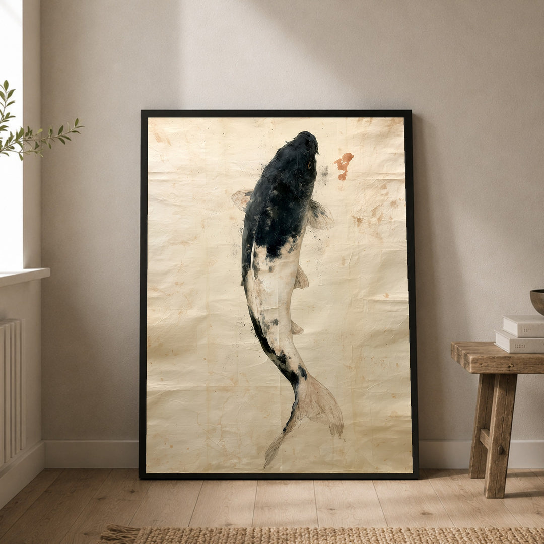 Schwarzer Koi im Fluss Poster – Schwarzer Rahmen – Produktfoto