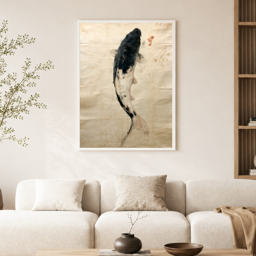 Schwarzer Koi im Fluss Poster – Weißer Rahmen – Produktfoto